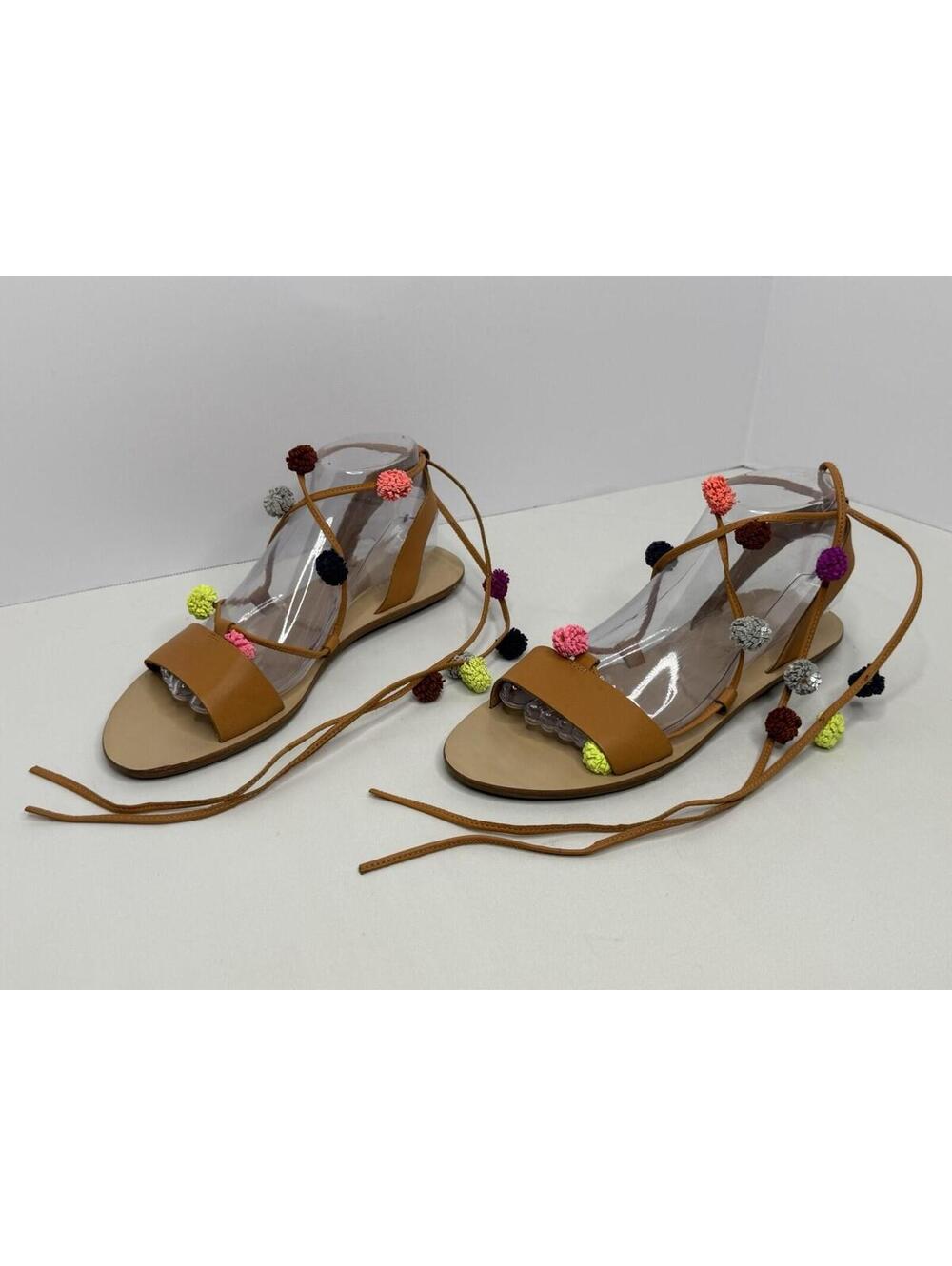 Loeffler Randall Saskia Strap Multi Poms Size 6 Leather Designer Sandals P149